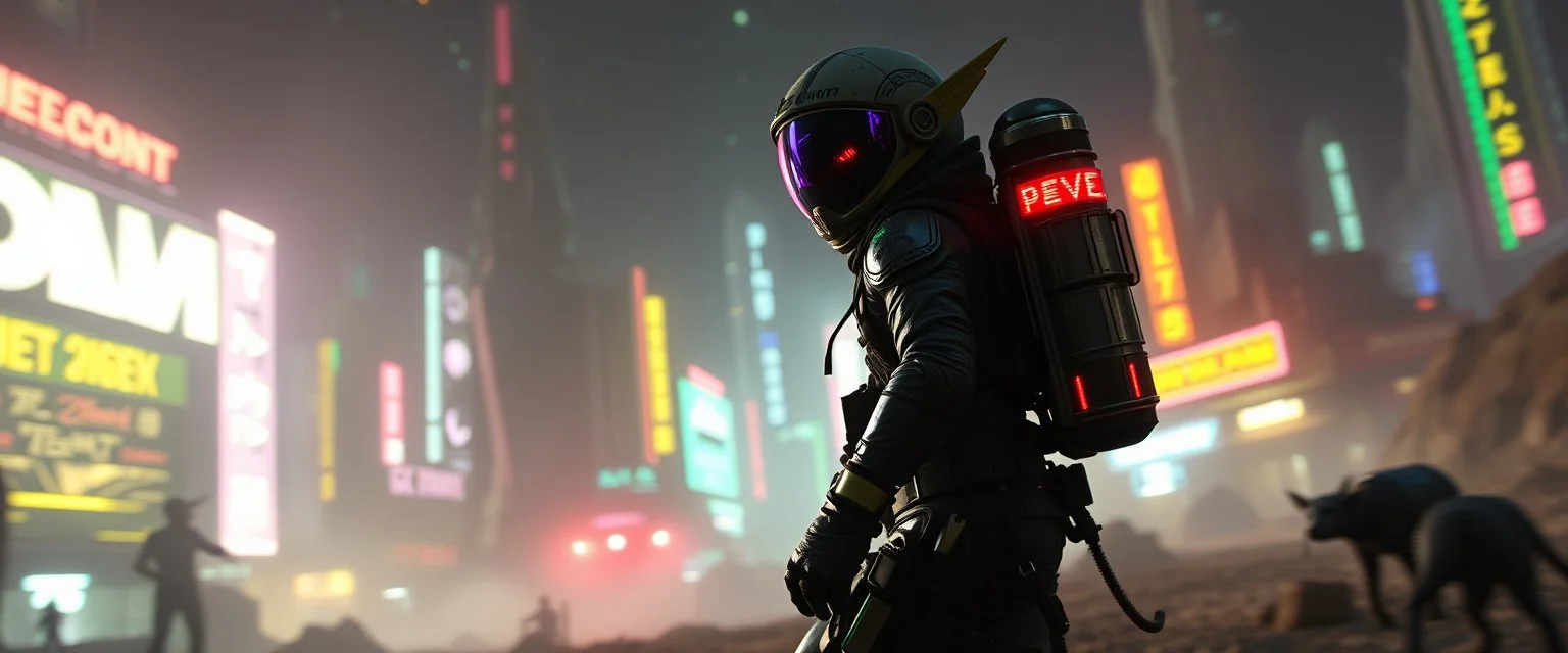 cyberpunk space city, in valley, A space elf cowboy biker astronaut with rocket backpack named Dave started doing the splits, Blew a fuse in his hips and short-circuited his bits, The Martian fluffy gremlins went wild, the Plutonians dogs screamed, Even black-and-white aliens turned ultraviolet green! in the style of fallout 4 and HR Giger, background motion blur , and volume fog spot lights