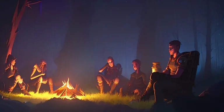 Adventurers resting around a campfire in a forest clearing at night, starry sky, dark fantasy, high detail, high definition, big adventuring bags