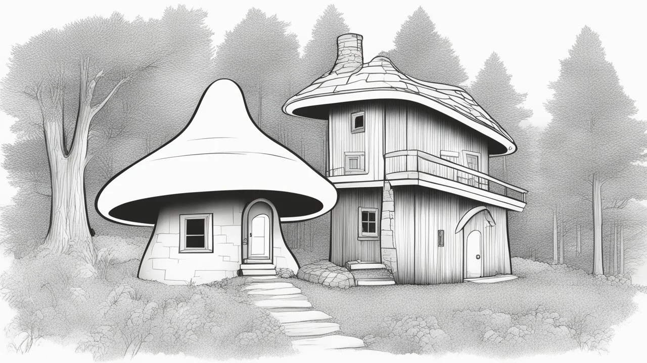 Ground-level outline sketch of a mushroom house in the woods
