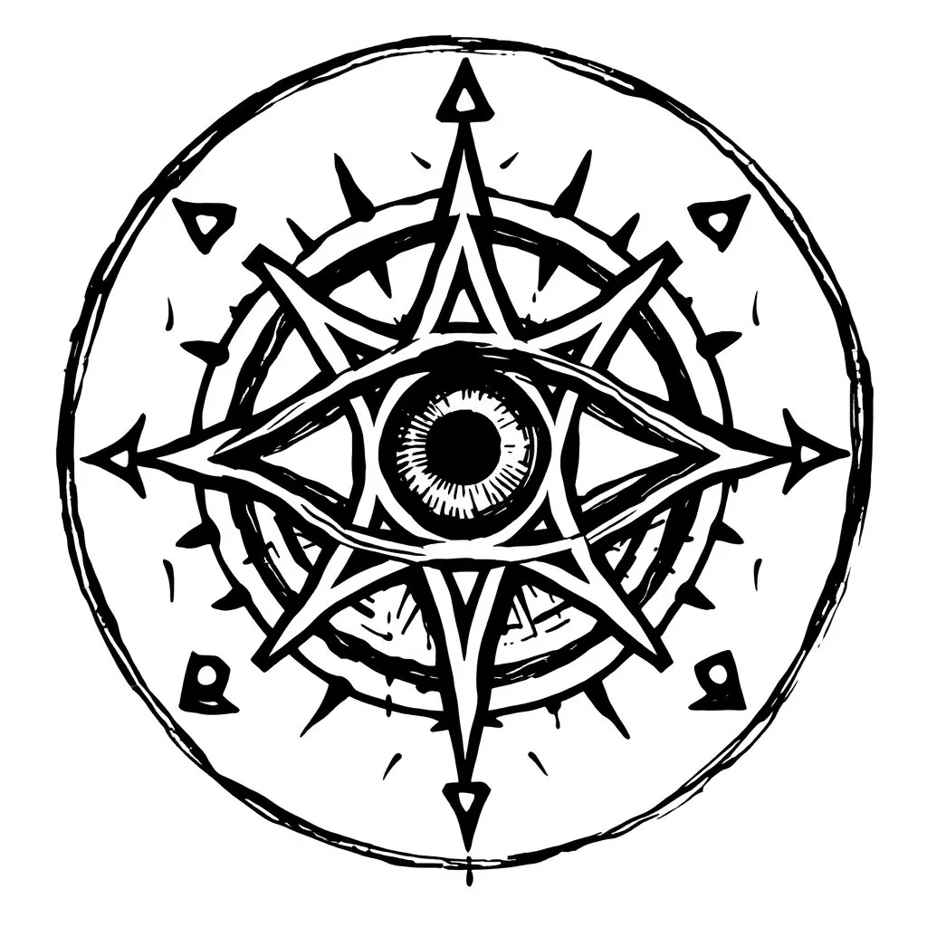 Occultic eye symbol, black and white, No background, Primitively drawn