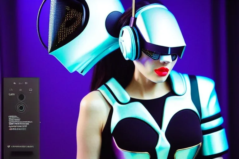 Photographic. Technological utopia. Machine, milky fake skin, old-camera-eyes. 3D-tiling on the adaptive background. Lightly armored. Cyber-punk full-mask. Lay figure woman is Surreal. Haute Couture 1990's. Light from right. Colors are silver, black, Cyan. AKG headphones, golden rings & disc. Logo. Thick tights. Thick calves. Curved fell. Wide hip. Tron Movie. Countermove. Revolution. The Matrix, Lady in Red. Daft Punk!