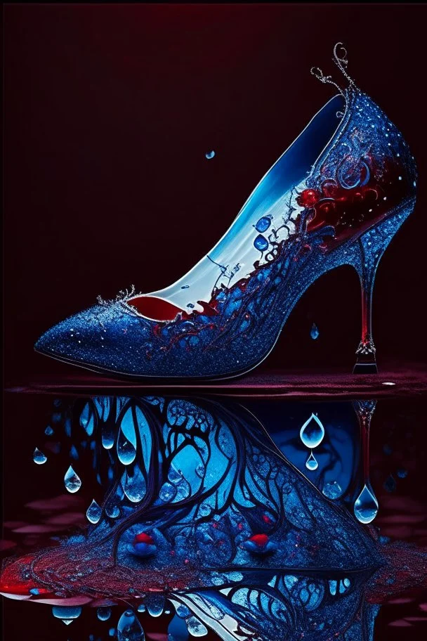 dark fantasy, intricate cover, a whimsical fairytale, translucent shoe made of blue glass with drops of crimson blood underneath