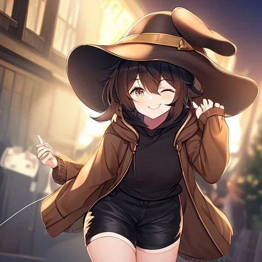 Clear focus, High resolution, short brown spiky hair, hair between eyes, eyes closed, wearing a brown detective hat, wearing a brown jacket and a black shirt, wearing black shorts, 1girl, pulling hat down, smiling, wearing a oversized hoodie