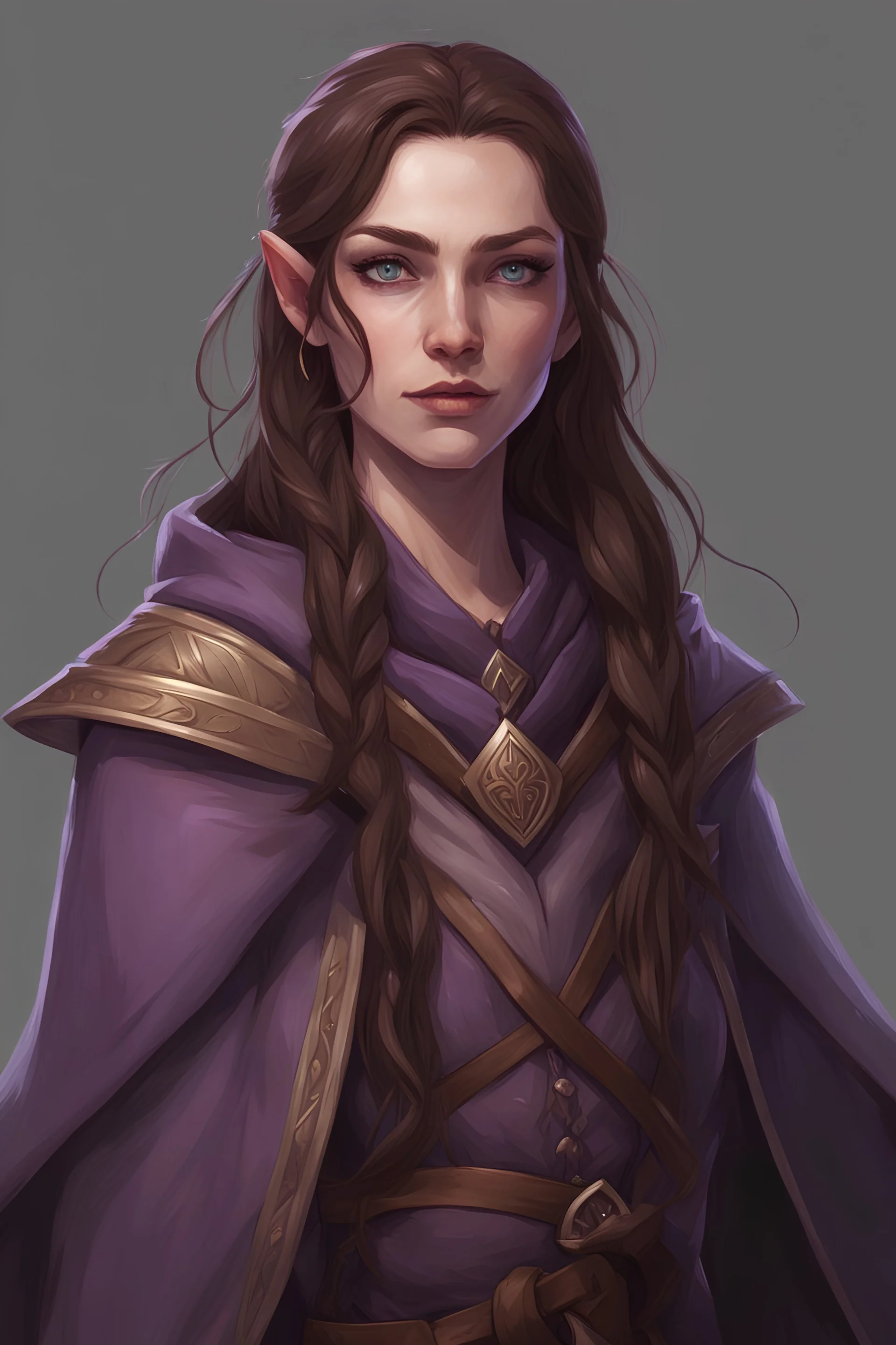 cahotic neutral charismatic Wood Elf Bard Female with pale skin and very sharp features, long brown hair, wearing a purple vest and brown adventurer's cloak with a smug face. Holding lute.
