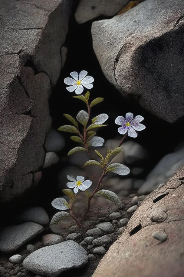 small beautiful flowers grow out of cracks in the grey stones and rocks