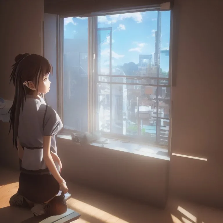 Anime, female student studying on window,perfect face, cool face, ultra detail, unreal engine 5, cinema4d, sun light, studio lighting --ar 1:1 --v 4