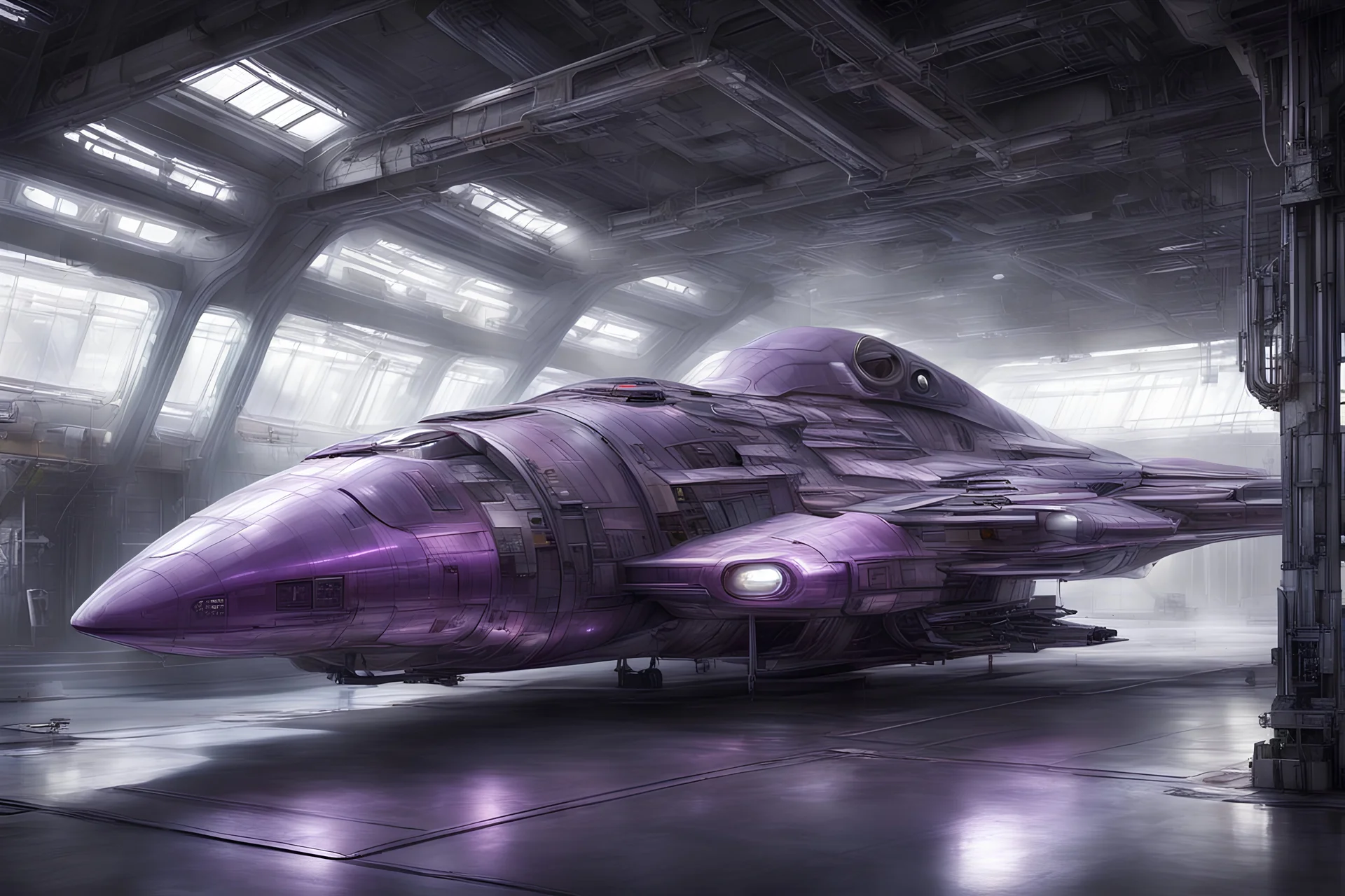 Large space ship, futuristic, long,in space, hangar bays, translucent purple engine plumes hyperrealistic