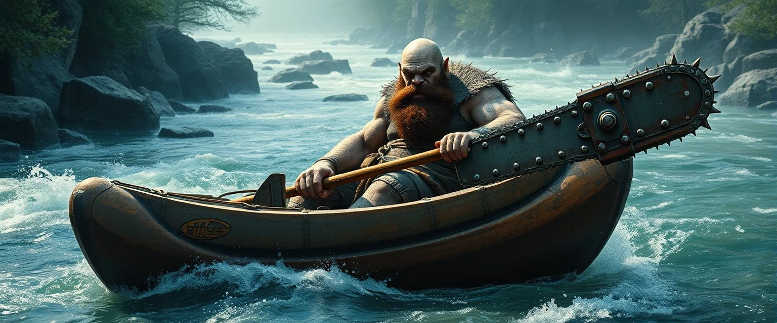 ancient bald fat ogre troll machete sitting relaxed in huge massive kayak in rapid stream, smacking fish with big metal chain saw oar with spikes