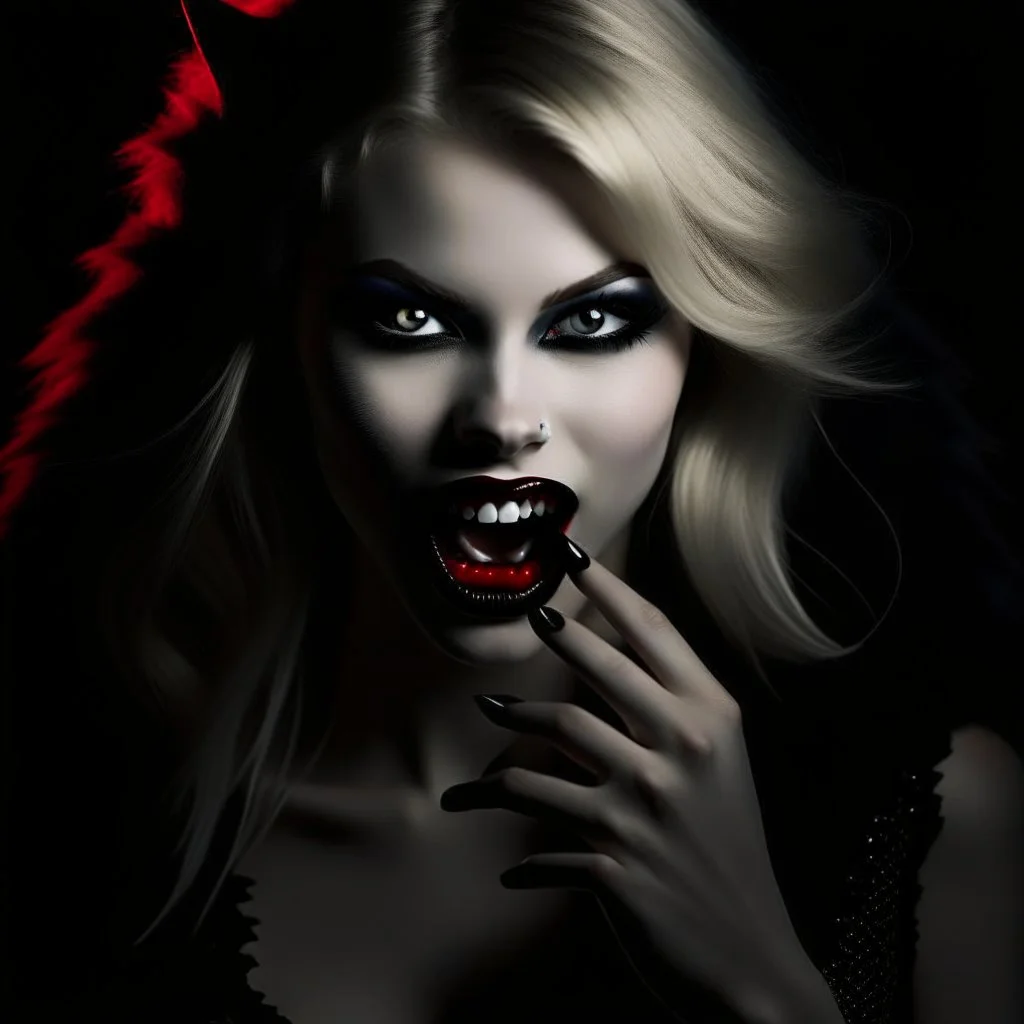 n this visually striking image, a vampire monster girl takes center stage, captivating the viewer with her presence. With her mouth agape, revealing her sharp fangs, she exudes an air of danger and allure. Her long eyelashes flutter with intensity, adding to her aura of mystery. Adorned with fake animal ears that perfectly match her blonde hair, she wears it in a unique style - a split ponytail with strands falling gracefully between her eyes and the rest flowing behind her ears. A delicate cors