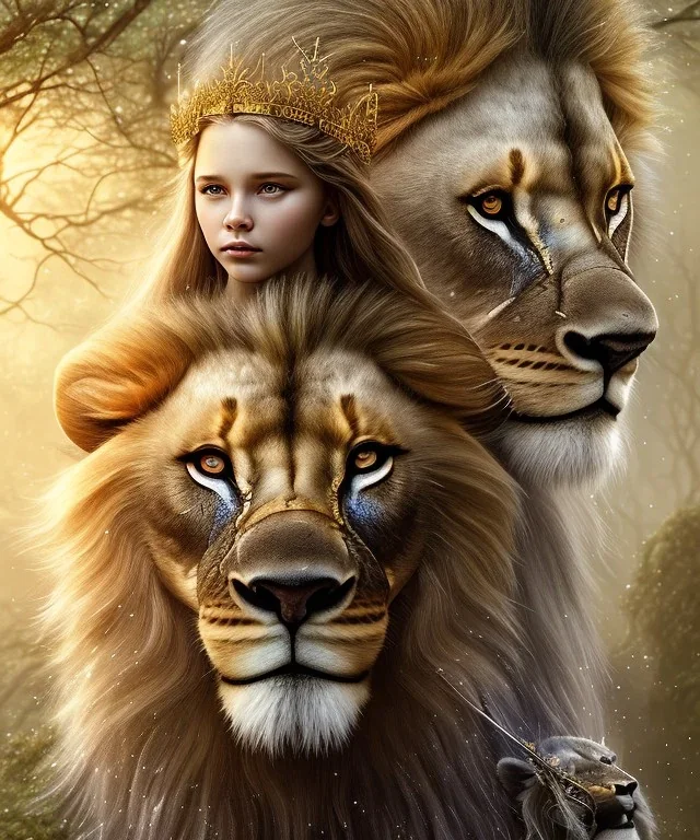 Young beautiful girl with floral crown next to a majestic, stunning lion on nature forest path, Chronicles of Narnia, 8k resolution, high-quality, fine-detail, iridescent, intricate, digital art, detailed matte, volumetric lighting, beautiful, illustration, 3D octane render, brian froud, howard lyon, selina french, anna dittmann, annie stokes, lisa parker, greg rutowski,