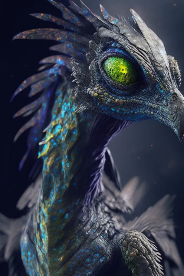 Bird lizard humanoid alien fused ,realistic, intriacte detail, sci-fi fantasy style, volumetric lighting, particales,highly detailed,cinamatic, deep colours