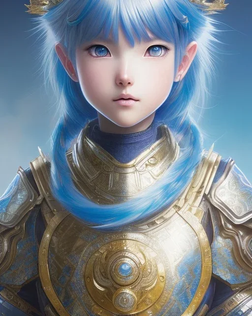 Detailed anime child girl, blue hair, dragon scale armour, intricate details, full body portrait, keep head in frame, slight smile, black Japanese motif, concept art, highly detailed, digital painting, concept art, sharp focus, illustration, art by Yoji Shinkawa, WLOP and greg rutkowski and alphonse mucha and artgerm and yanjun Chen and Junji ito and Makoto Shinkai, HDR, octane render, dark background