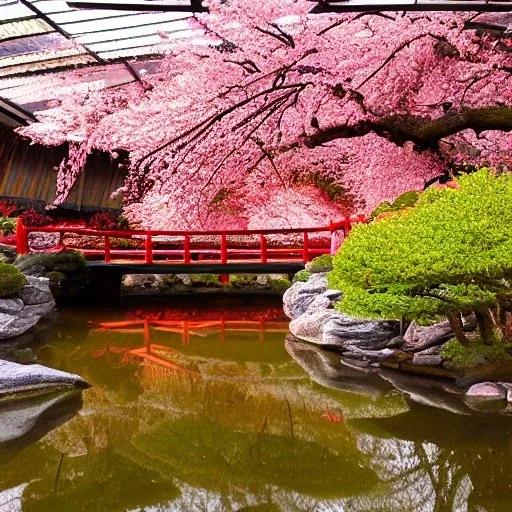 a zen garden with cherry blossoms, red bridge inside large biodome, beautiful, peaceful, gorgeous,, ornate, 8k, high-quality, fine-detail, intricate, digital art, Ann Prochilo, Romain Veillon, Rafael Augusto, Brian Froud, Anna Dittman, Howard Lyon, Greg Rutowski