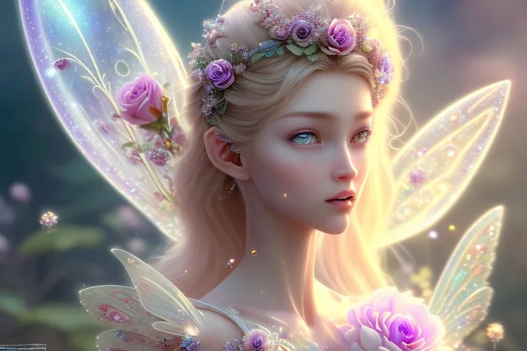 one very little beautiful fairy on a big crystal subtle flower in a galactic ambiance, transparent petals, delicate colors, in the foreground, full of details, smooth, bright sunshine，soft light atmosphere, light effect，vaporwave colorful, concept art, smooth, extremely sharp detail, finely tuned detail, ultra high definition, 8 k, unreal engine 5, ultra sharp focus