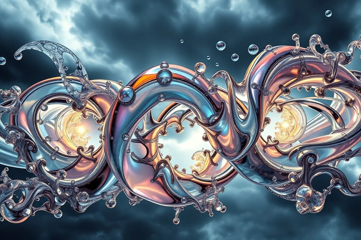 Dynamic complex hypnotic fractal 3D structures horizontal Symmetry twisting and morphing between organic and geometric forms , smooth translucent iridescent glass with inner glow and bubbles, varied transparent materials, stormy skies, intense dramatic