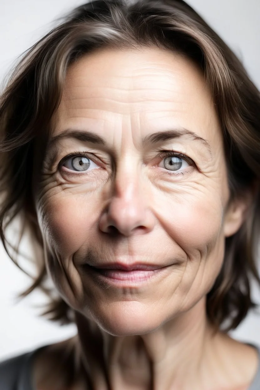 Stunning natural true colors and not too saturated professional photography showing face of a forty-year-old woman face on white background