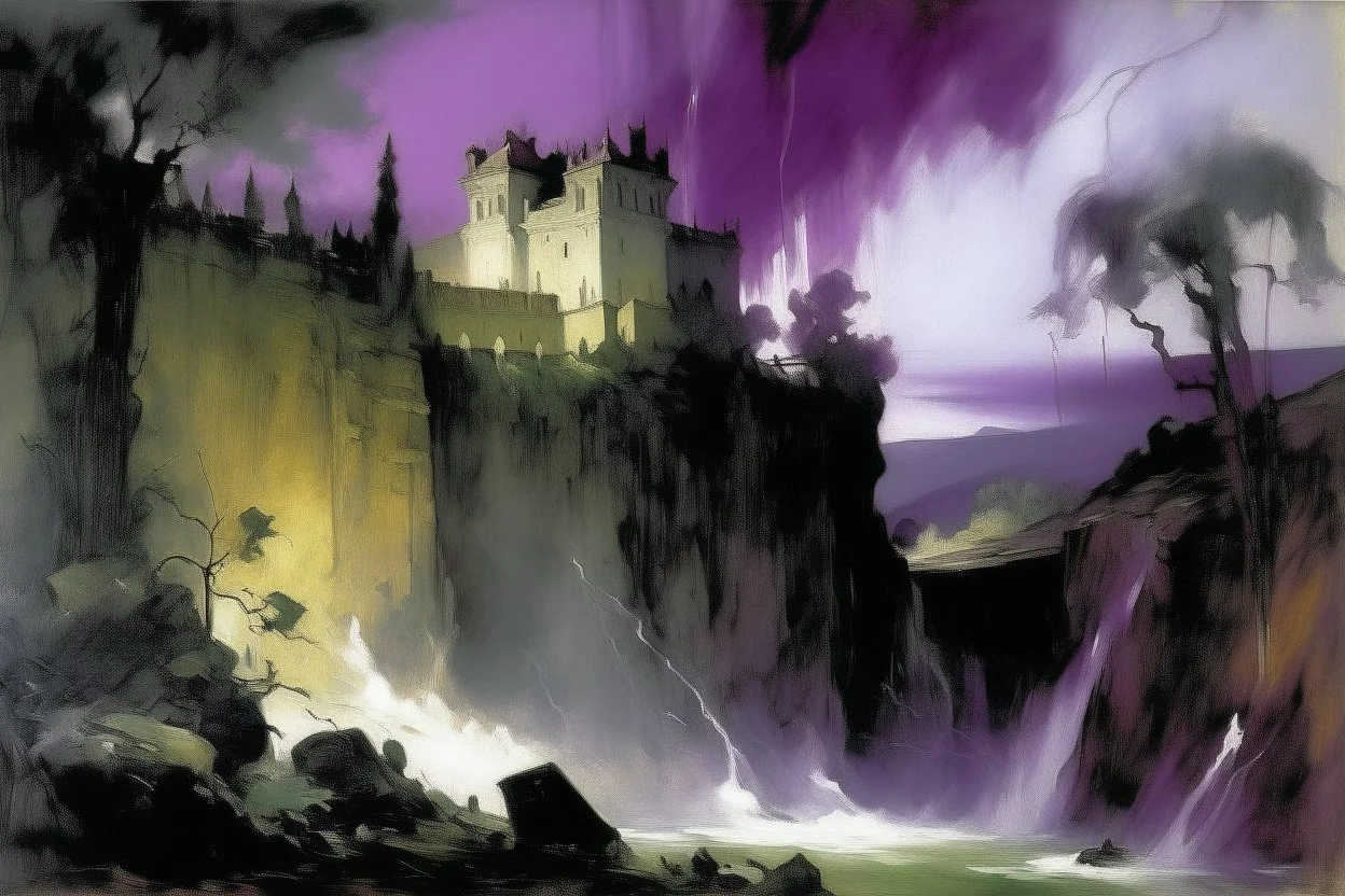 A violet castle in a thunderstorm near an acid pool painted by John Singer Sargent
