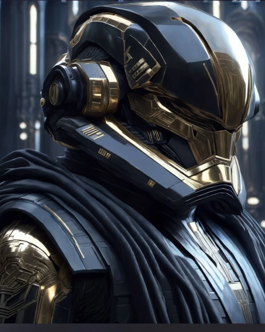 star wars bald male corellian pilot wearing pearlescent black and gunmetal grey First Order special forces heavy assault stealth commando armor with helmet with gold and metallic red trim inside the jedi temple, hyperdetailed, dynamic lighting, hyperdetailed background, 8k resolution, volumetric lighting, light skin, fully symmetric details