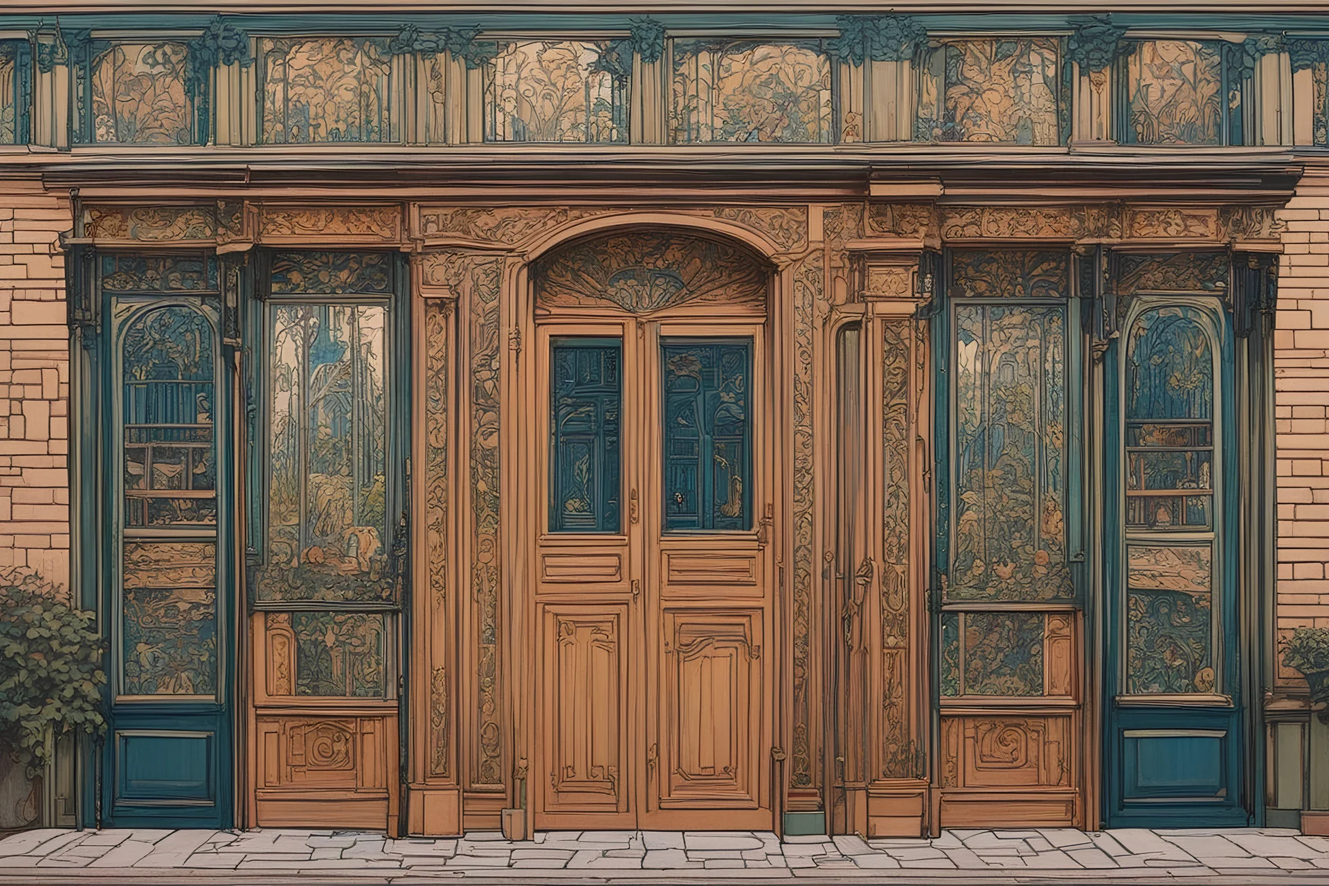 museum quality color woodcut of a 1920's Parisian apartment block with ornate art nouveau appointments and doors in the style of Gustave Baumann, with a fine art aesthetic, highly detailed, finely cut ,8k render,