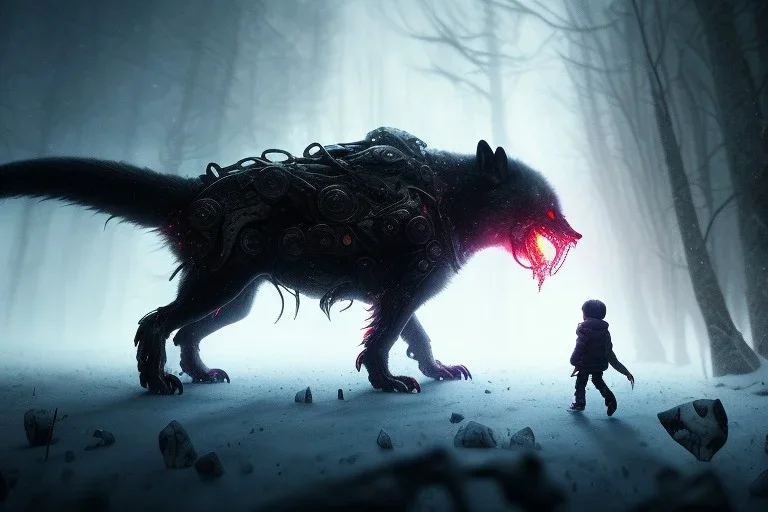 Starvation black monster wolves with red eyes, fight in the ice age Scenery, : concept art::1 cyberpunk::1 splatter paint::1 wide angle lens::2 Zdzislaw Beksinski style, and a little prince boy walks to the Shining Ethereum shape sun, in winter storm, ultra detailed| 4k --v 4