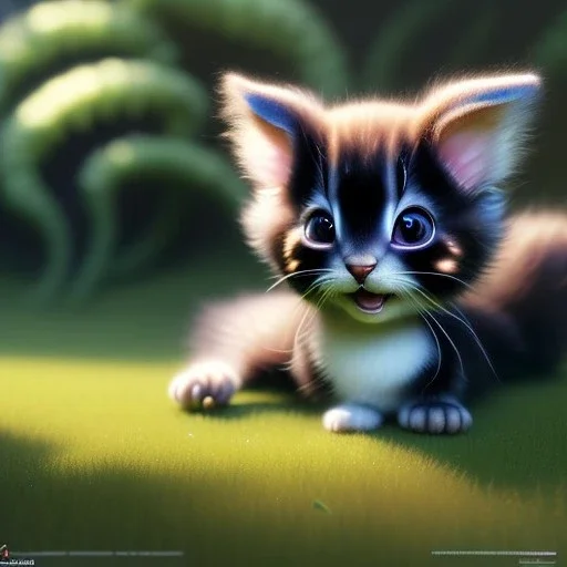 pixar style, volumetric garden environment and background, realistic painting of a cute midget tortie kitten laying on the ground, looking excited, detailed digital painting, extreme dense and fine fur, anime, ornate, colour-washed colors, elegant, small minutiae, tiny features, particulars, centered, smooth, sharp focus, renderman gofur render, 8k, uhd, detailed eyes, realistic shaded volumetric lighting, sunlight caustics, backlight, centered camera view