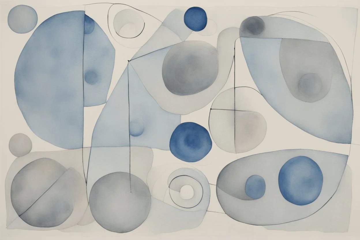 abstract watercolour , ink transfer lines, bifurcated circles, Paul Klee ,grey and blues