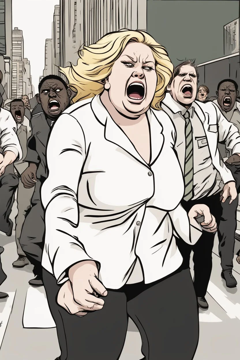 an obese terrified blonde white woman crying and sobbing in a pant suit desperately running away from an angry mob of thousands of all black people chase her down a city street