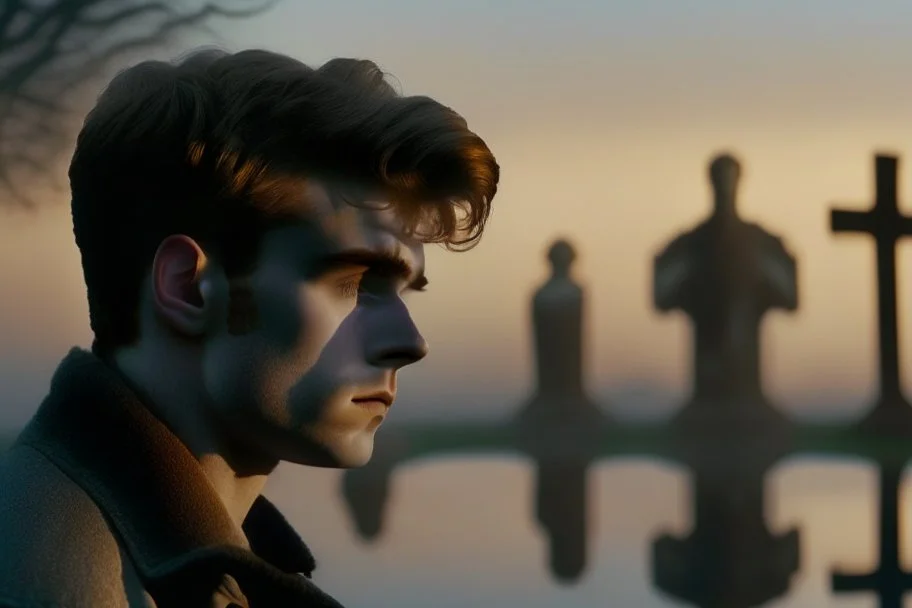 younger lifelike Treat Williams (as Berger from movie Hair) looking towards us in the cemetery, reflection, sunrise, Misty morning