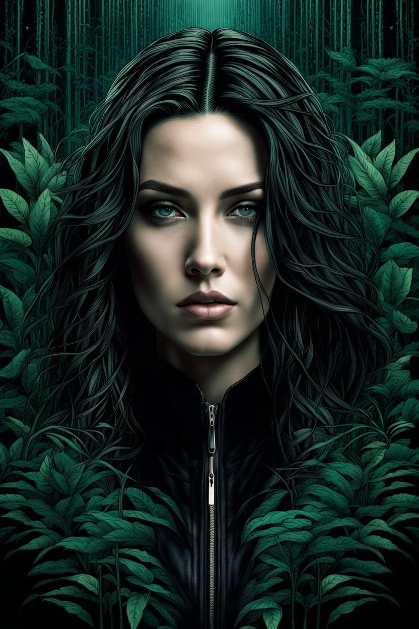 Zippered digital art in the matrix with strange dark colors plants, shadows and thin black sharp lines with shadows and dark spots. The zippered edge of the photo is down and the background is a young woman's pale face and long, big hair. high detailed, cinematic, thriller mood, dark weird art style