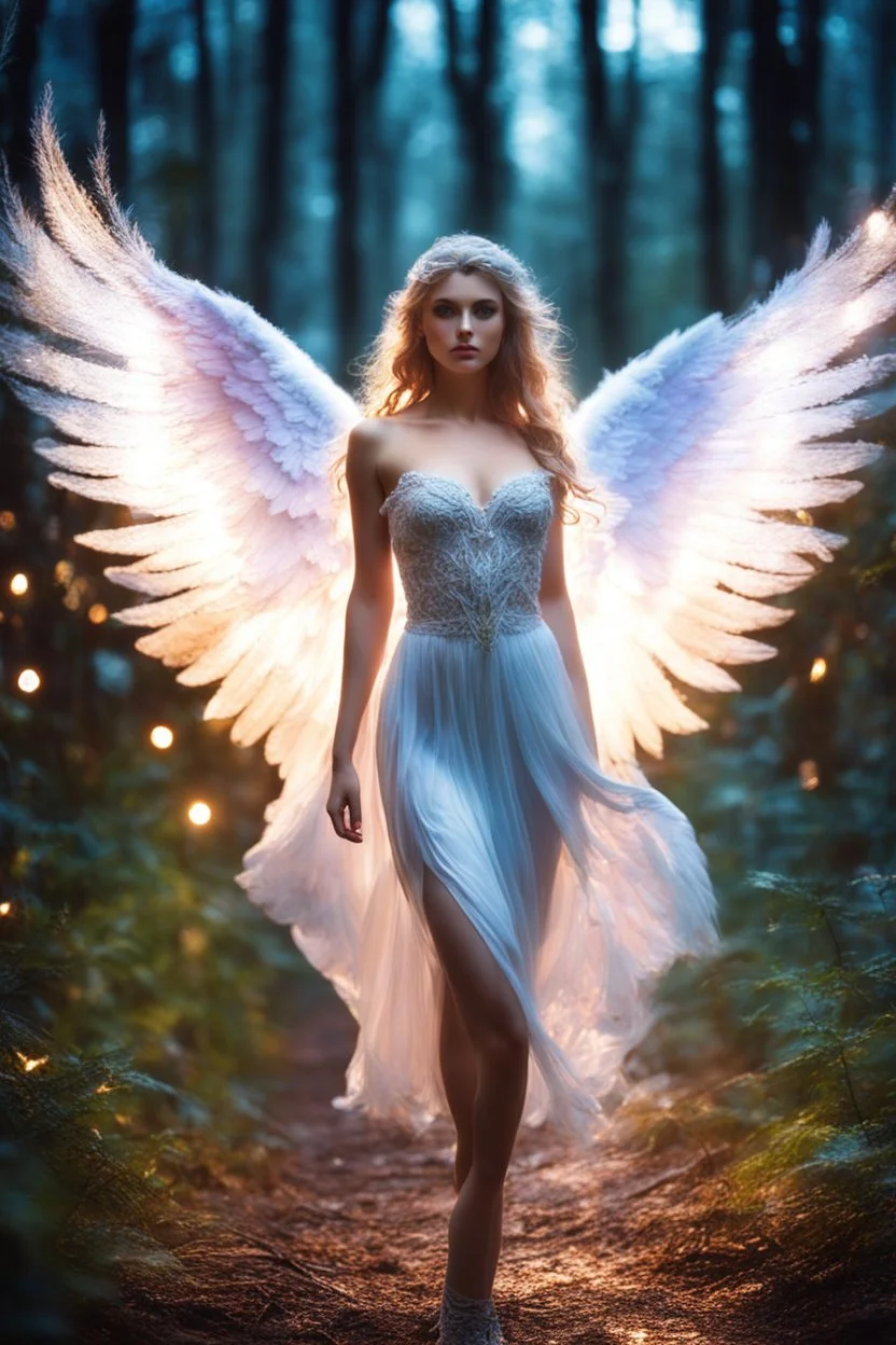 Beautiful Angel in Magical Forest full of lights colors, Photography Art Photoshoot Art Cinematic Soft Blur Colors - on Running Dramatic Pose