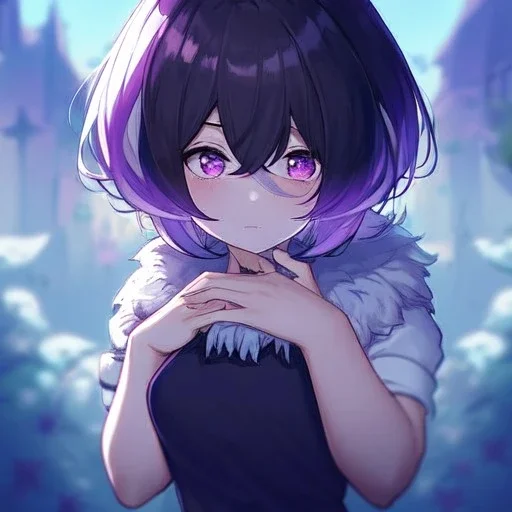 Clear focus, High resolution, A anime kid, cute, rough line skecth, hard shading, stars around 1girl, short dark cyan hair, fluffy short fluffy cut, purple eyes, hair covering both eyes, detailed hair lots of hair