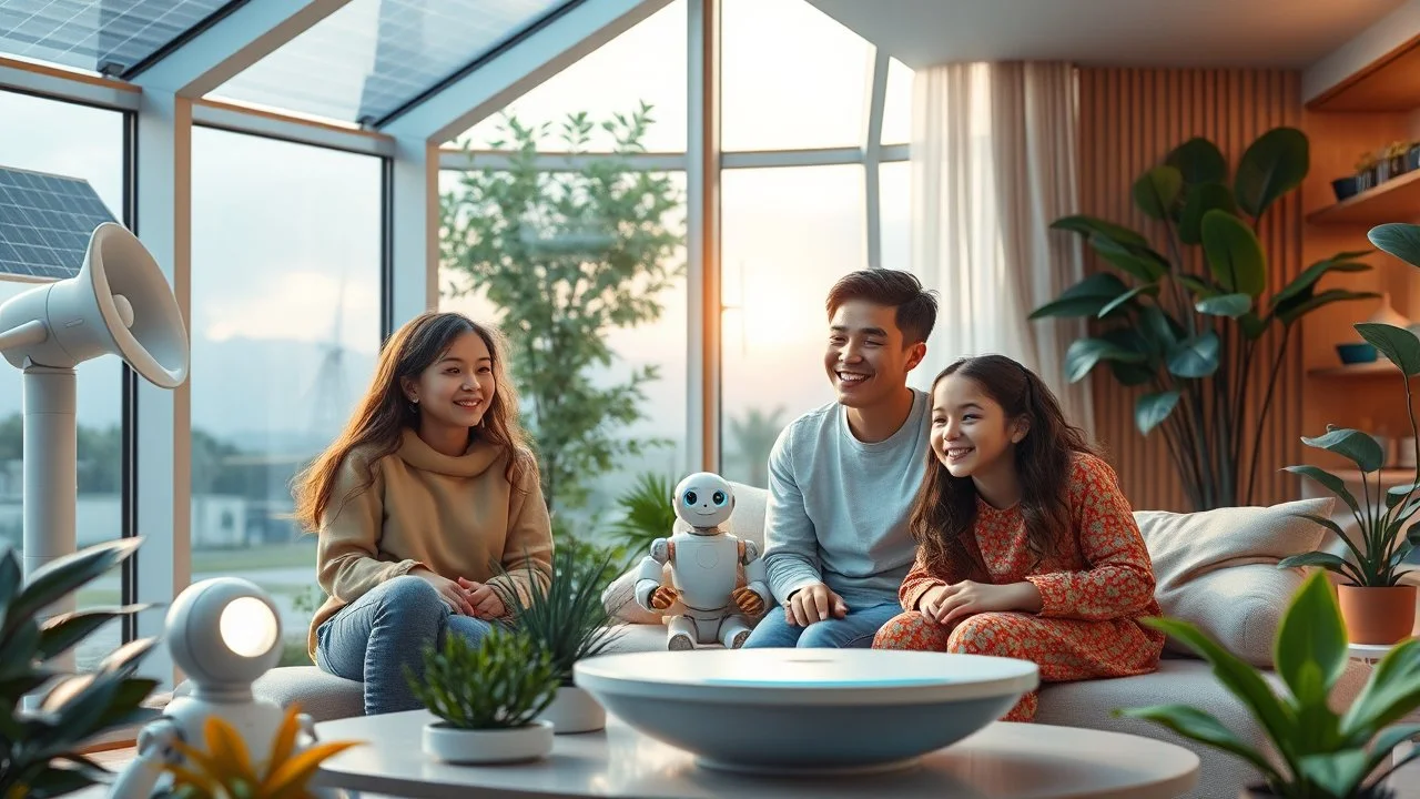 Futuristic family living in a luxurious future home, exciting technology, sustainable technology, solar power, water turbine, wind turbine, happy children, beautiful clothing, happy robots, lots of house plants, colour photograph