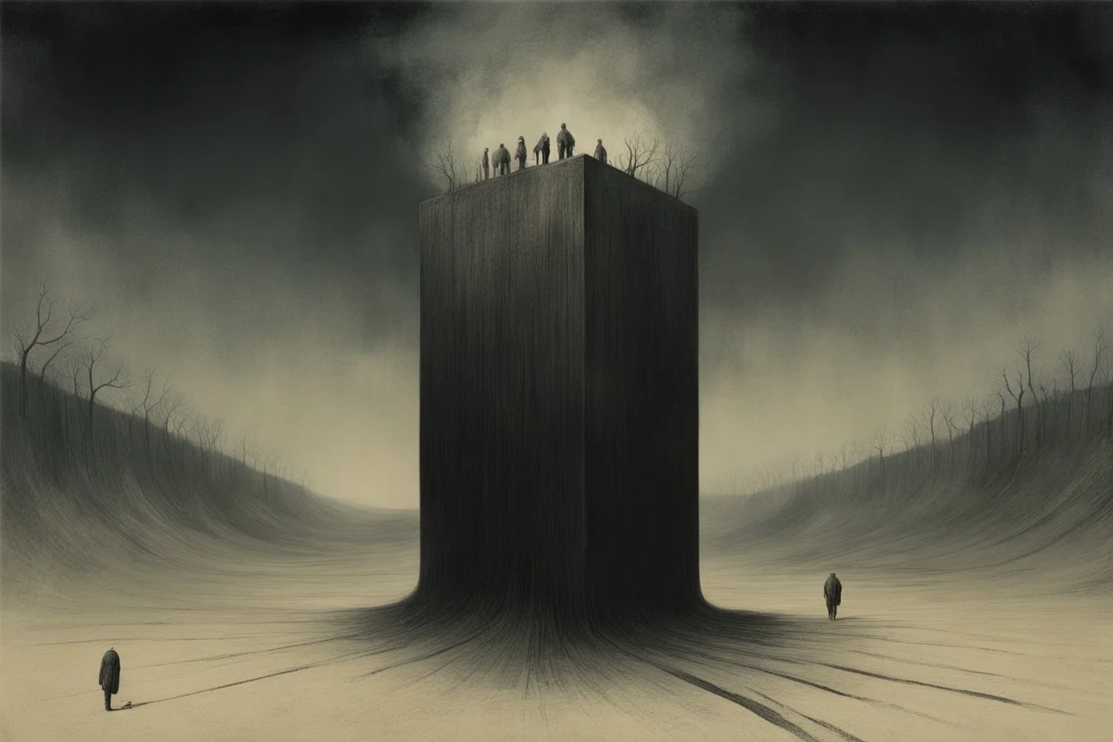 malignancy of nightmares, depicting a fear of being alone and a conveyor belt of faceless faces, trading high on the Human Misery index, Style by Zdzislaw Beksinski and Alessandro Gottardo and Phlegm, surreal horror art, nightmarish, dynamic composition, dark color burn, based on the imagery of Zdzislaw Beksinski