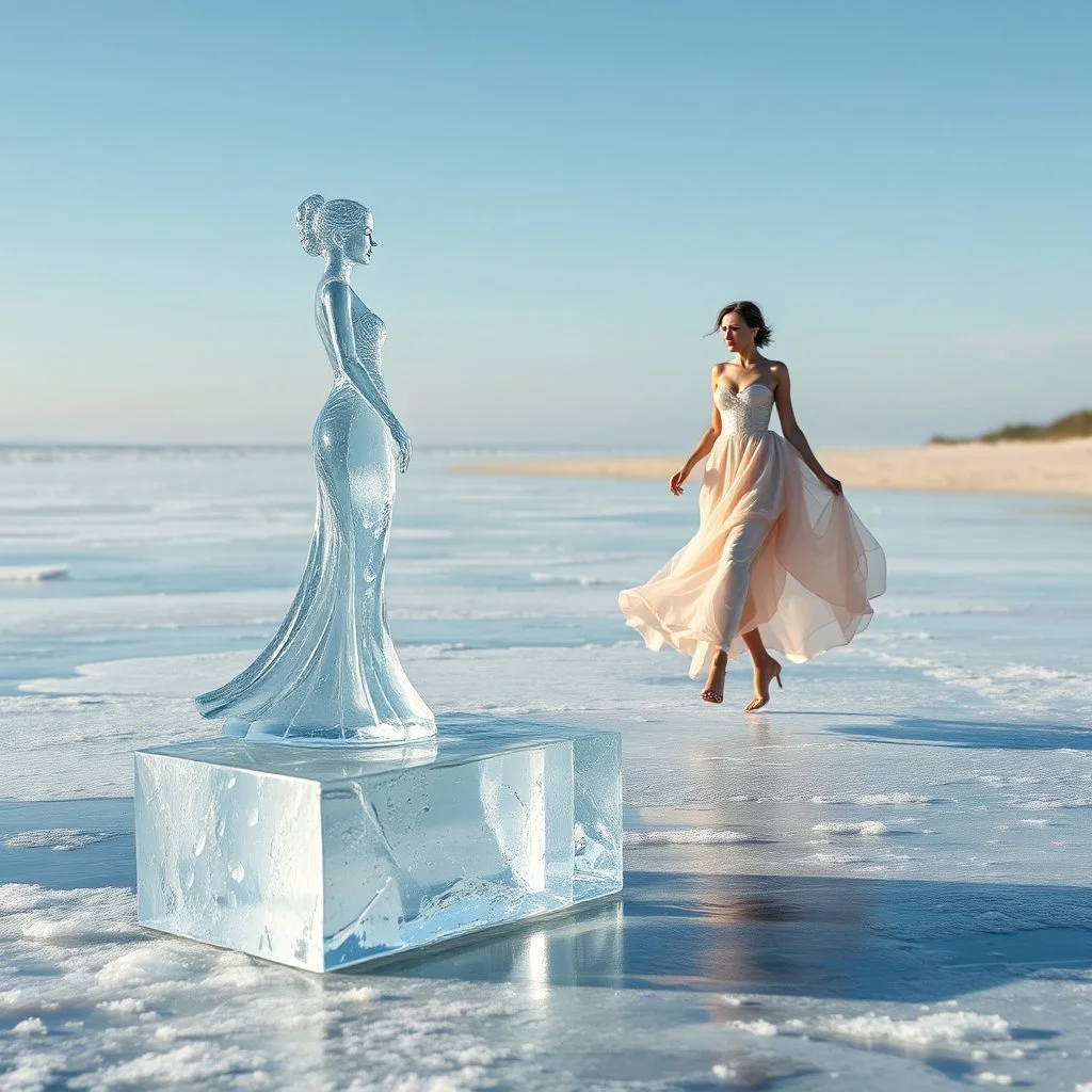 A cinematic miracle scene. An artistic ice sculpture of a woman wearing an elegant, flowing gown stands on an ice block in a frozen sea. The clear ice begins to melt, and in a magical transformation, she turns into a real woman wearing a beautiful high-fashion dress. She joyfully walks across the ice toward a sunlit beach. Focus on the ethereal and artistic quality of the transformation.