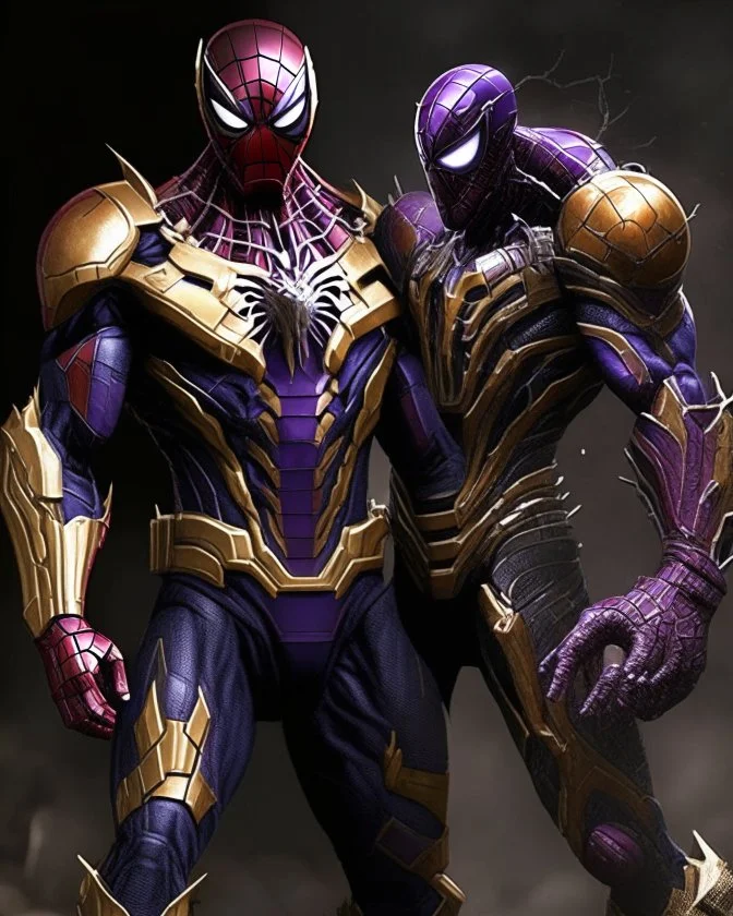 The combination of spider man and Thanos A brave warrior with a battle suit made of leather and robotic metal