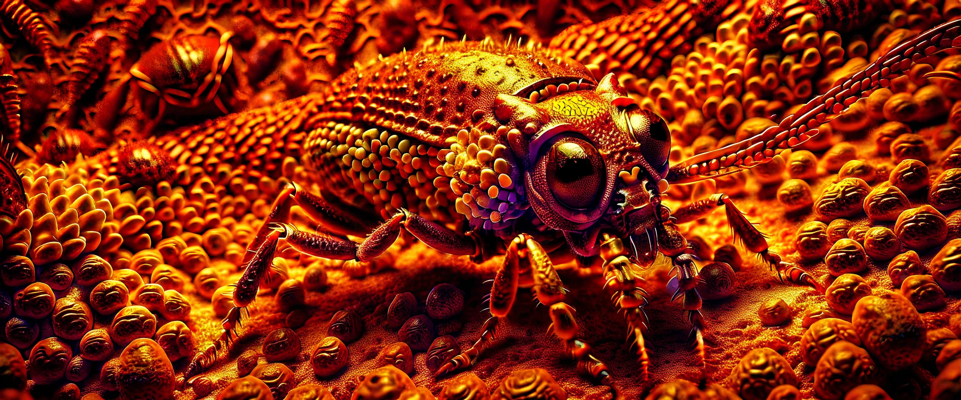 A national geographic award skin color patterned like a poisinous incect or reptile, horrorcore, science gone crazy, winning photograph of of a bat spider housefly station wagon hybrid in nature and on the hunt, 64k, reds, oranges, and yellows anatomically correct, 3d, organic surrealism, dystopian, photorealisitc, realtime, symmetrical, clean, 4 small compound eyes around two larger compound eyes, surrealism telephoto dynamic lighting 64 megapixels Unreal Engine volumetric lighting VRay