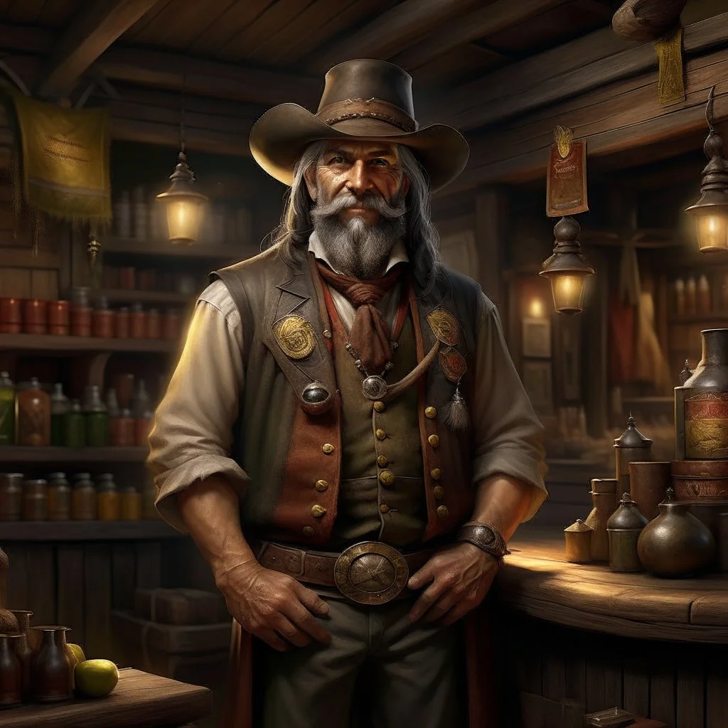 wild west general store owner grimdark realistic