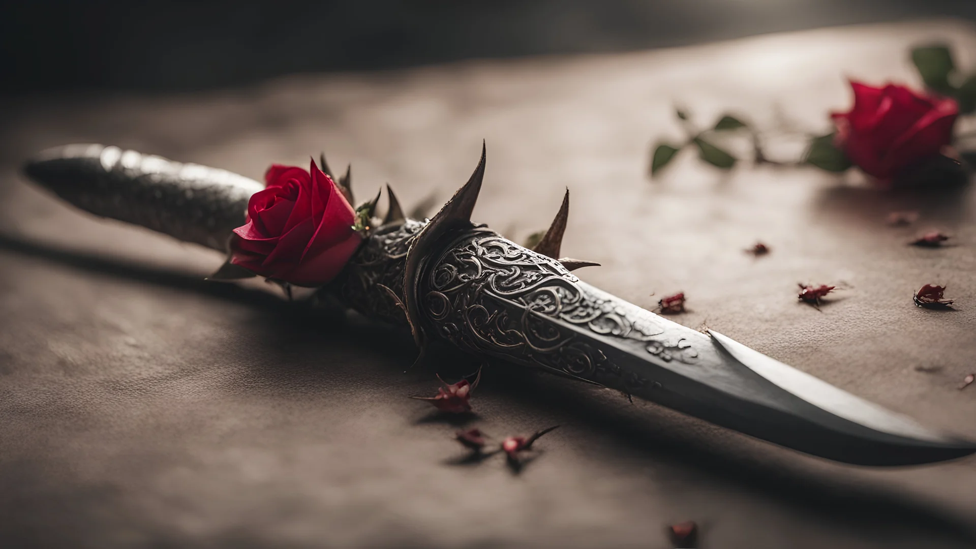 photoreal magnificent thorned dagger with rose thorns along the blade by lee jeffries, otherworldly, in the style of fantasy movies, photorealistic, shot on Hasselblad h6d-400c, zeiss prime lens, bokeh like f/0.8, tilt-shift lens 8k, high detail, smooth render, unreal engine 5, cinema 4d, HDR, dust effect, vivid colors