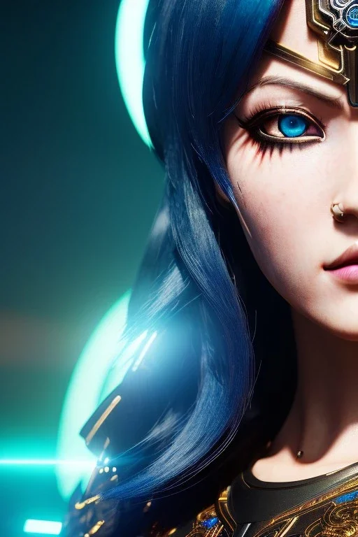 Cyborg anime warrior, waist up portrait, 8k resolution, intricate details, ornate details, soft lighting, vibrant colors, retroanime, masterpiece, intricate eyeliner, dark eyeshadow, eyes, wild blue hair, intricate tattoos, jungle background,