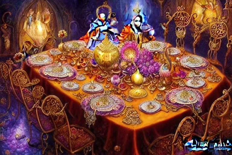 Fairies dining at a feast, glitter, detailed fractal gems, fractal crystals, intricate, hyperdetailed, complex 3D filigree, ornate, metal, by "Greg Rutkowski" hyper realistic, photorealistic, incredible composition, amazing depth, imposing, 16k, detailed art illustration, vibrant, by "Josephine Wall", "Brian Froud"