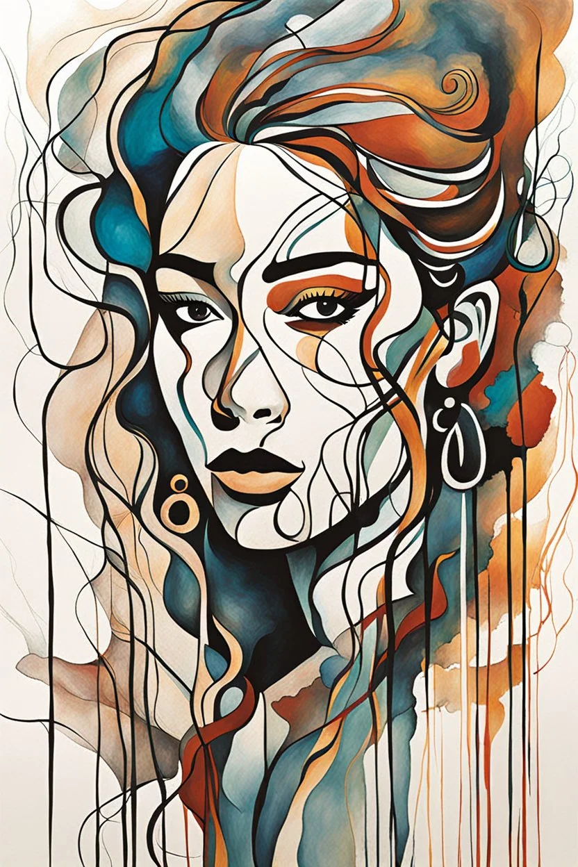 create an abstract expressionist, deeply spiritual, ethereal, and darkly magical illustration of an epic nomadic tundra huntress with highly detailed and deeply cut facial features, in the style of MARK ROTHKO, WILLEM DE KOONING, and HENRI MATISSE ,searing lines and forceful strokes, precisely drawn, inked, and darkly colored