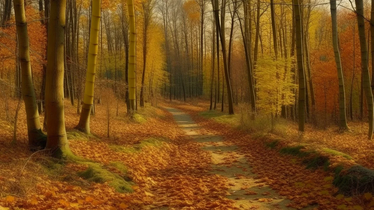 A dirt path winding through a dense, autumnal forest, the ground covered in fallen leaves and branches, the trees bare, with warm hues of orange and yellow, and in the distance, a small body of water reflecting the surrounding foliage