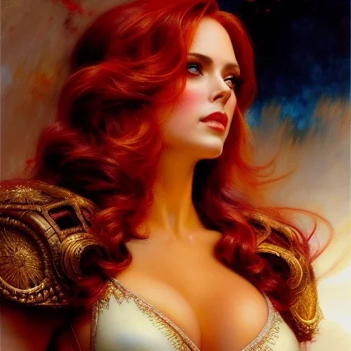 Drawing of beautiful face,'beautiful ,Busty natasha romanov',intense stare, ancient skintight armor, balanciaga fashion clothe painting by gaston bussiere, greg rutkowski, yoji shinkawa, yoshitaka amano, tsutomu nihei, donato giancola, tim hildebrandt, Oil on canvas, cinematic composition, extreme detail,fit full head inside picture,16k