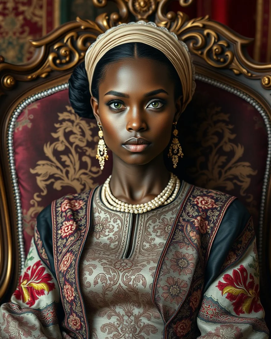 A stunning African woman with porcelain skin, high cheekbones, and piercing green eyes, dressed in a traditional embroidered sarafan, sits regally in a lavish, ornate chair, surrounded by opulent fabrics and gold accents, as if plucked from a 19th-century Russian aristocratic portrait, rendered in exquisite hyper-realistic detail, with the rich textures and subtle play of light and shadow characteristic of a masterful oil painting, reminiscent of the works of Ivan Kramskoi, Zinaida Serebriakova