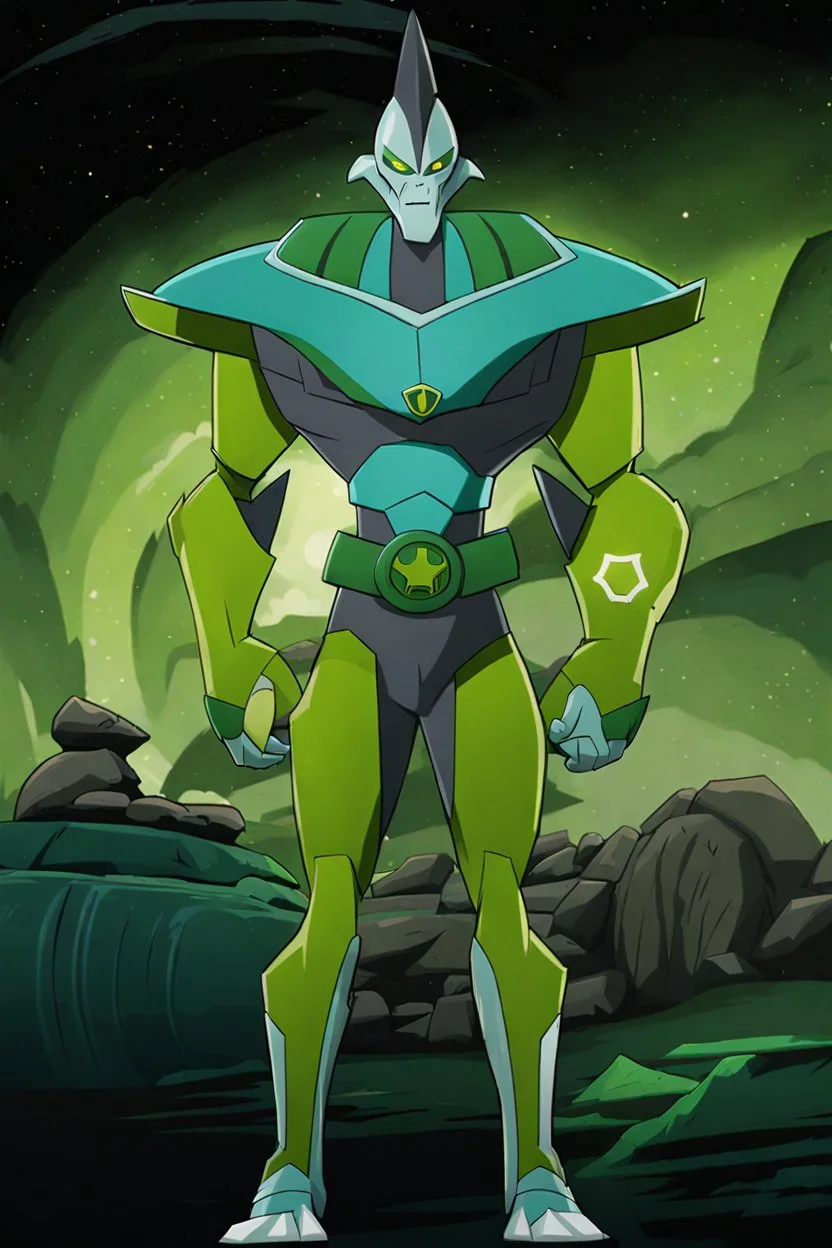 alien From Ben 10 cartoon. Lion. Advanced metal. Magnetic force. Magic power. And his turtle shield