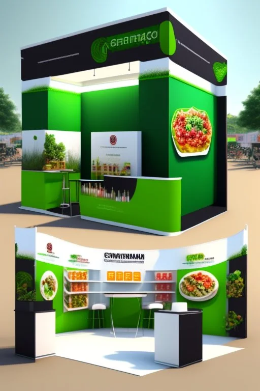 Corner green exhibition stand of a food company with product displays and a meeting area