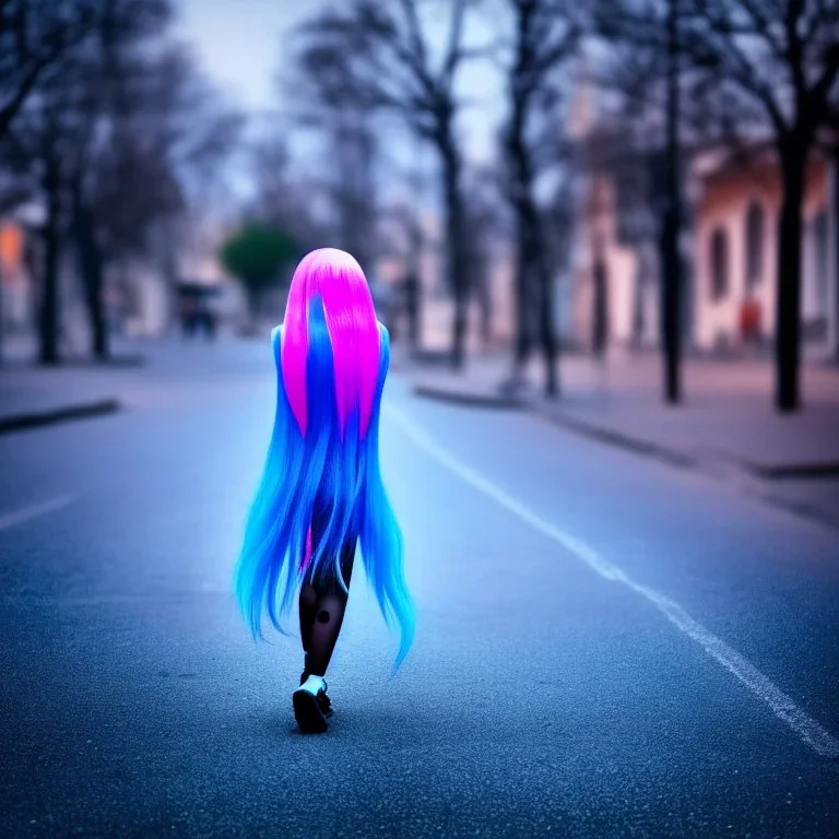 Beautiful lonely girl who walks along a street without people at dawn. You see her from behind. She is very short blue dressed. She has long pink hair with glowing crystals. Full body, 8k resolution concept art. Professional Photo HD. Stylish. Warm vivid colors. Panoramic