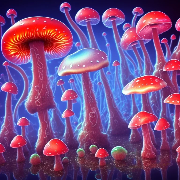 psychedelic mushrooms and flying jelly fish and antic city in the background 3D mystic ambiance