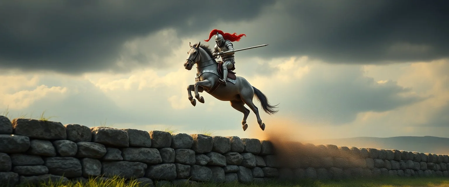 fast horse hippo hog jumping a wall with knight rider and lance