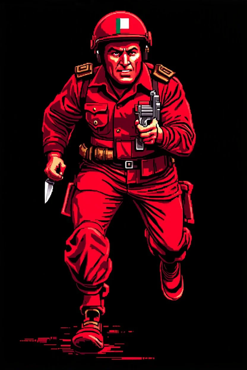 Italian soldier(uniform and face based on racist steriotypes) running towards viewer, a knife i one hand, and a gun(barrel pointing at viewer) in the other. blocky retro 1960's jack kirby style poster in monochrome with white background